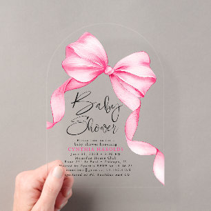 Invitaciones Acrílicas Dulce Fiesta de Bebé Niña con Lazo Rosa