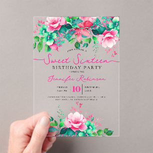 Invitaciones Acrílicas Dulce Fiesta de Cumpleaños 16 Floral Primaveral Fe