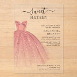 Invitaciones Acrílicas Dulce moderno 16 Script Cumpleaños<br><div class="desc">Esta invitación de cumpleaños es perfecta para una princesa que celebra su dulce cumpleaños número 16. Presenta un vestido color rosa y un falso purpurina de oro rosa con escritura moderna y tipografía popular. Reemplace fácilmente los detalles del fiesta haciendo clic en el botón "Personalizar".</div>