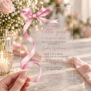 Invitaciones Acrílicas Dulce Niña con Lazo Rosa Baby Shower