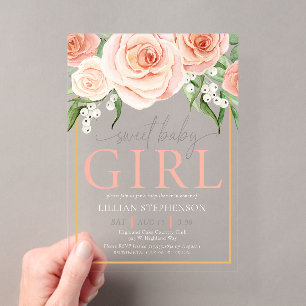Invitaciones Acrílicas Dulce Niña Elegante Rosa Floral de Color Rosa Páli