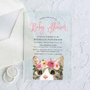 Invitaciones Acrílicas Dulce niña gatito Baby Shower