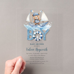 Invitaciones Acrílicas Dulce Oso de Peluche Azul Náutico Niño Baby Shower
