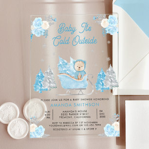 Invitaciones Acrílicas Dulce Oso de Peluche en Trineo Azul Baby Shower