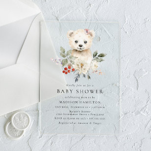 Invitaciones Acrílicas Dulce Oso Polar Acuarela Fiesta de Bebé de Inviern