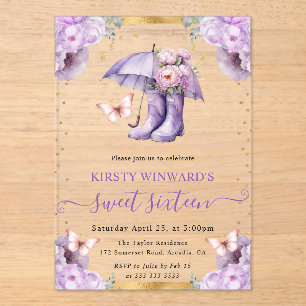 Invitaciones Acrílicas Dulce paraguas morado y dorado de la primavera 16