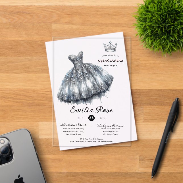 Invitaciones Acrílicas Dulce plateado15 Vestido de diamante QUINCEANERA M (Insitu (Tarjeta de Invitación))