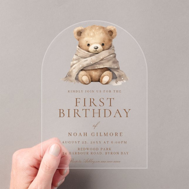 Invitaciones Acrílicas Dulce Teddy Bear Primera Fiesta de Cumpleaños (Insitu (portátil))