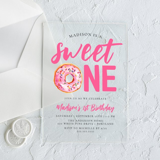 Invitaciones Acrílicas Dulce un donut rosado Primer cumpleaños (Subido por el creador)