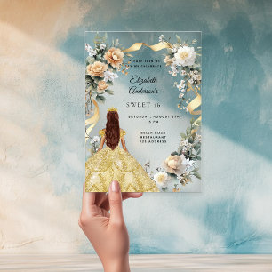 Invitaciones Acrílicas Dulce vestido de 16 dorado amarillo floral transpa