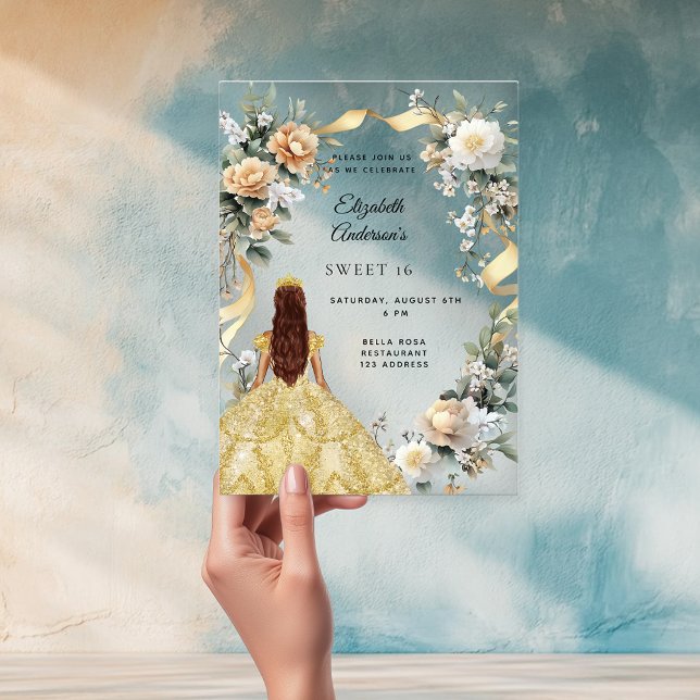 Invitaciones Acrílicas Dulce vestido de 16 dorado amarillo floral transpa (Subido por el creador)