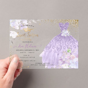 Invitaciones Acrílicas Dulces 16 Brillos Vestido Polvo Púrpura Lila Dorad
