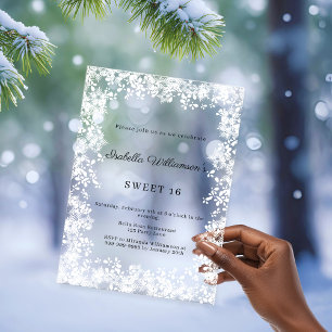 Invitaciones Acrílicas Dulces 16 copos de nieve blancos fiesta de inviern