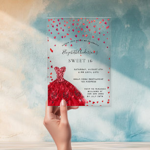 Invitaciones Acrílicas Dulces 16 corazones de vestimenta roja despejados