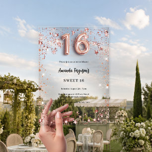 Invitaciones Acrílicas Dulces 16 estrellas de oro rosa claro fiesta