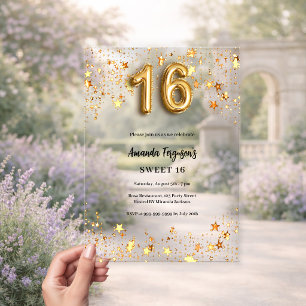 Invitaciones Acrílicas Dulces 16 estrellas doradas claras