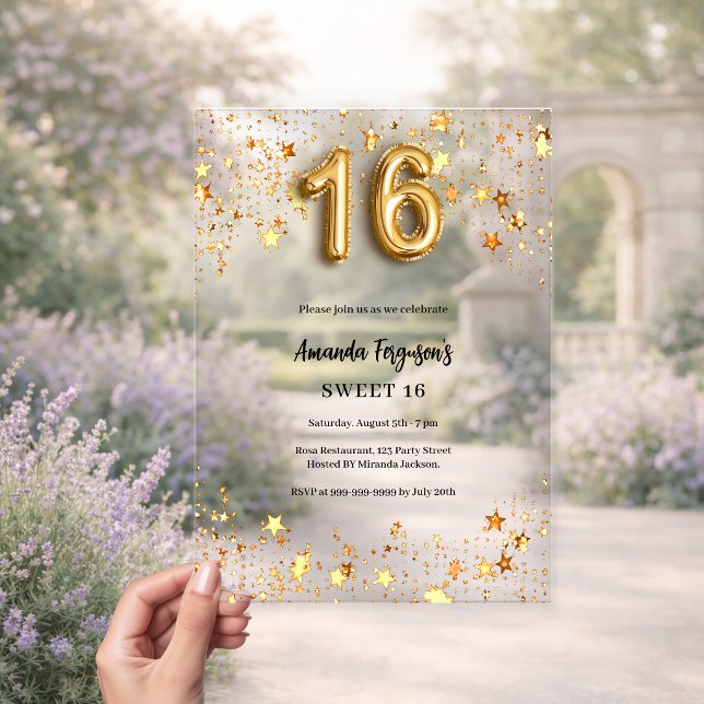 Invitaciones Acrílicas Dulces 16 estrellas doradas claras (Subido por el creador)