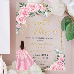 Invitaciones Acrílicas Dulces 16 Guardar la Fecha Rosas Rosadas Floral Pr