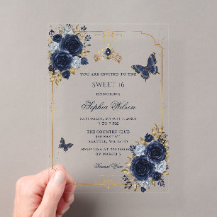 Invitaciones Acrílicas Dulces 16 Mariposa Floral Dorado Azul Marino