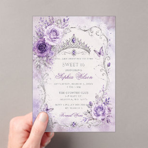 Invitaciones Acrílicas Dulces 16 Mariposa Floral Morado Plata
