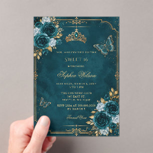 Invitaciones Acrílicas Dulces 16 Mariposas Florales Doradas Turquesa