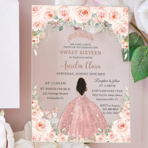 Invitaciones Acrílicas Dulces 16 Rosa Floral Rosa Dorado Marrón Niña