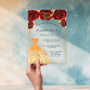Invitaciones Acrílicas Dulces 16 rosas rojas vestido dorado brillo transp