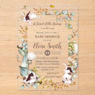 Invitaciones Acrílicas Dulces conejos botánicos vintage para baby shower