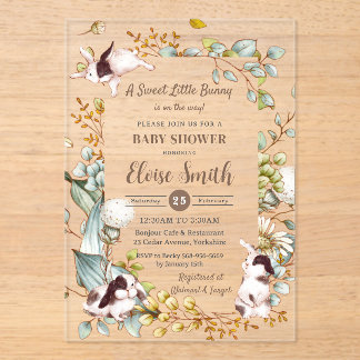 Invitaciones Acrílicas Dulces conejos botánicos vintage para baby shower