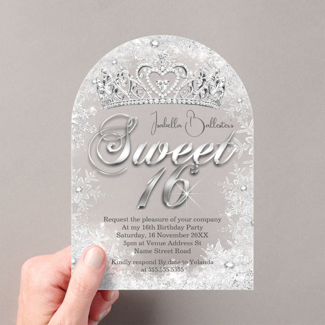 Invitaciones Acrílicas Dulces copos de nieve de 16 cumpleaños Tiara (Subido por el creador)