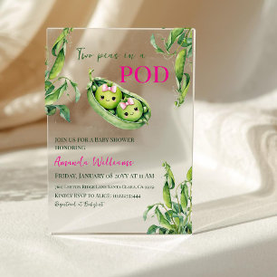 Invitaciones Acrílicas Dulces Dos Guisantes en una Vaina Rosa Niña Gemela