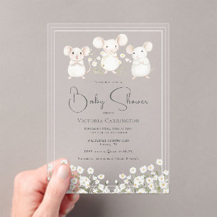 Invitaciones Acrílicas Dulces Ratones y Margaritas Rosa Baby Shower