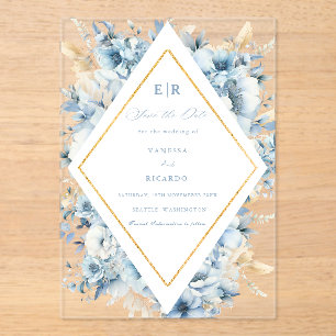 Invitaciones Acrílicas Duste Blue Gold Floral Bloom todo en un Boda