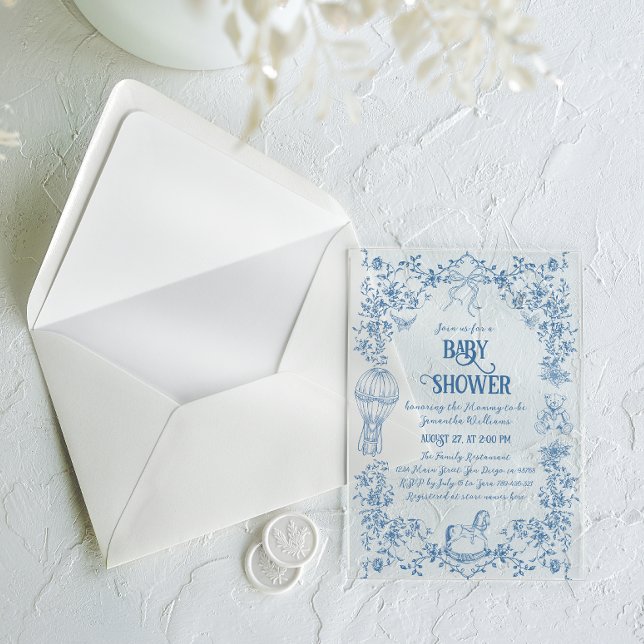 Invitaciones Acrílicas Duste Blue Toile Floral Bow Baby Boy Shower (Subido por el creador)