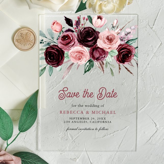 Invitaciones Acrílicas Duste boda floral rosa borgoña salva la fecha (Subido por el creador)
