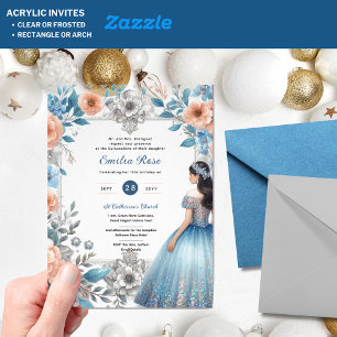 Invitaciones Acrílicas Duste color AZUL Peach Quinceañera Vestido Floral 