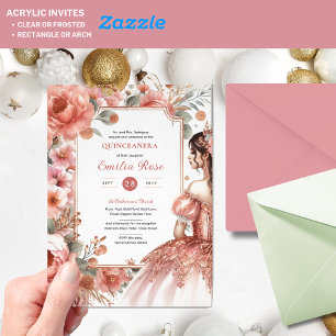 Invitaciones Acrílicas Duste Rosa Oro Quinceañera Vestido Floral Quince