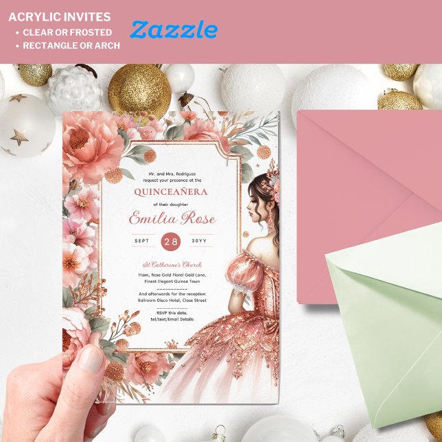 Invitaciones Acrílicas Duste Rosa Oro Quinceañera Vestido Floral Quince (Subido por el creador)