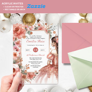 Invitaciones Acrílicas Duste Rosa Oro Quinceañera Vestido Floral Quince