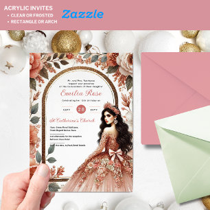 Invitaciones Acrílicas Duste Rosa Oro Quinceañera Vestido Floral Quince