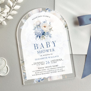 Invitaciones Acrílicas Dusty Baby Shower floral azul y blanco