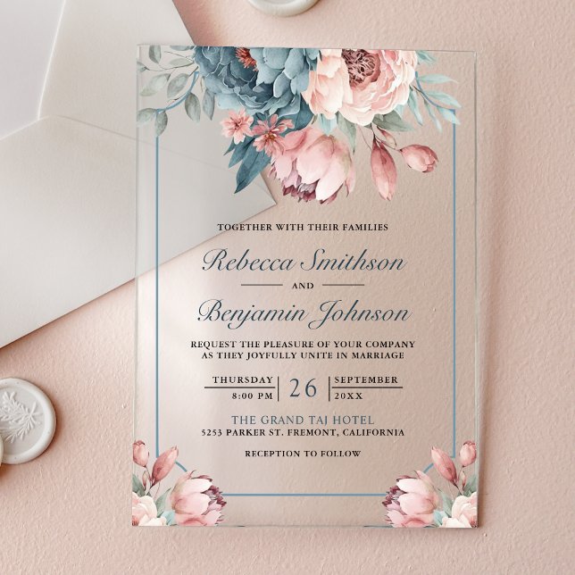 Invitaciones Acrílicas Dusty Blue and Pink Floral Wedding (Subido por el creador)