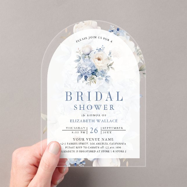 Invitaciones Acrílicas Dusty Blue and White Floral Bridal Shower (Insitu (portátil))