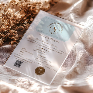 Invitaciones Acrílicas Dusty Blue Boarding Pass Boda Cósmico