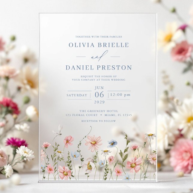 Invitaciones Acrílicas Dusty Blue Boho Wildflower Garden Wedding (Subido por el creador)