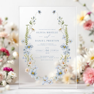 Invitaciones Acrílicas Dusty Blue Boho Wildflower Garden Wedding
