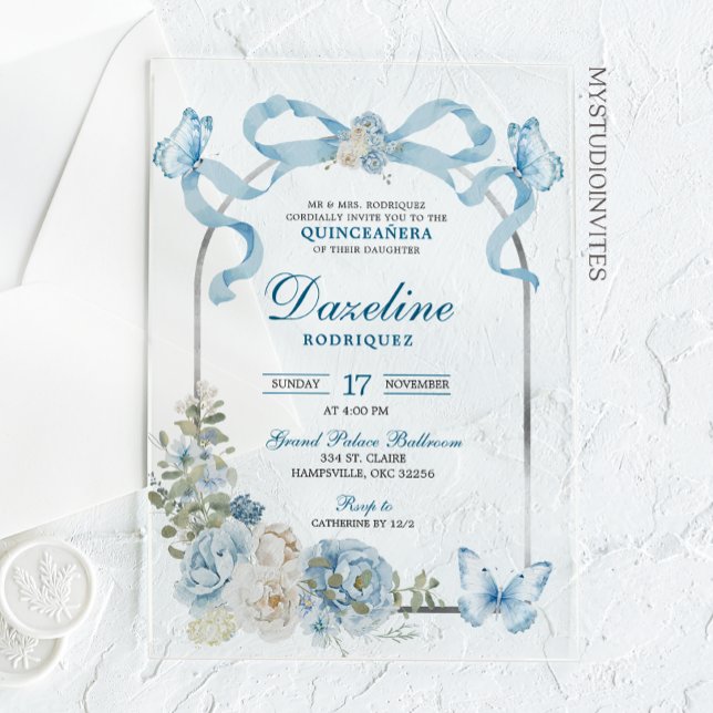Invitaciones Acrílicas Dusty Blue Bow Coquette Butterfly Quinceañera (Subido por el creador)