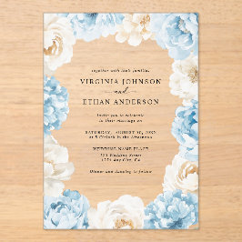 Invitaciones Acrílicas Dusty Blue Champagne Ivory Peonies Boda Floral