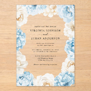 Invitaciones Acrílicas Dusty Blue Champagne Ivory Peonies Boda Floral