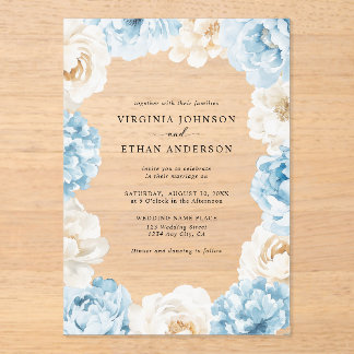 Invitaciones Acrílicas Dusty Blue Champagne Ivory Peonies Boda Floral
